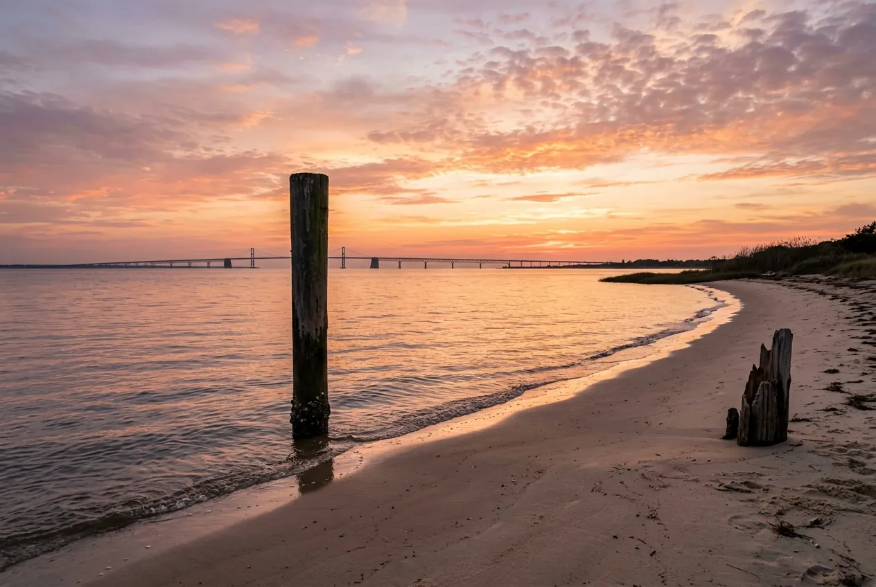 Sunset over the Chesapeake Bay at Chick's Beach, Virginia Beach