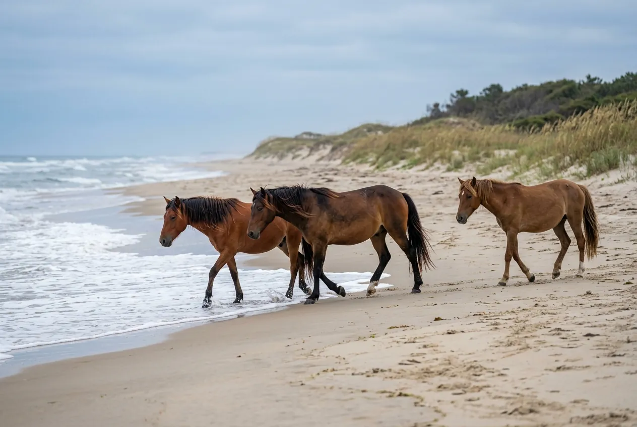Wild Colonial Spanish Mustangs on the beach at Corolla, Outer Banks NC