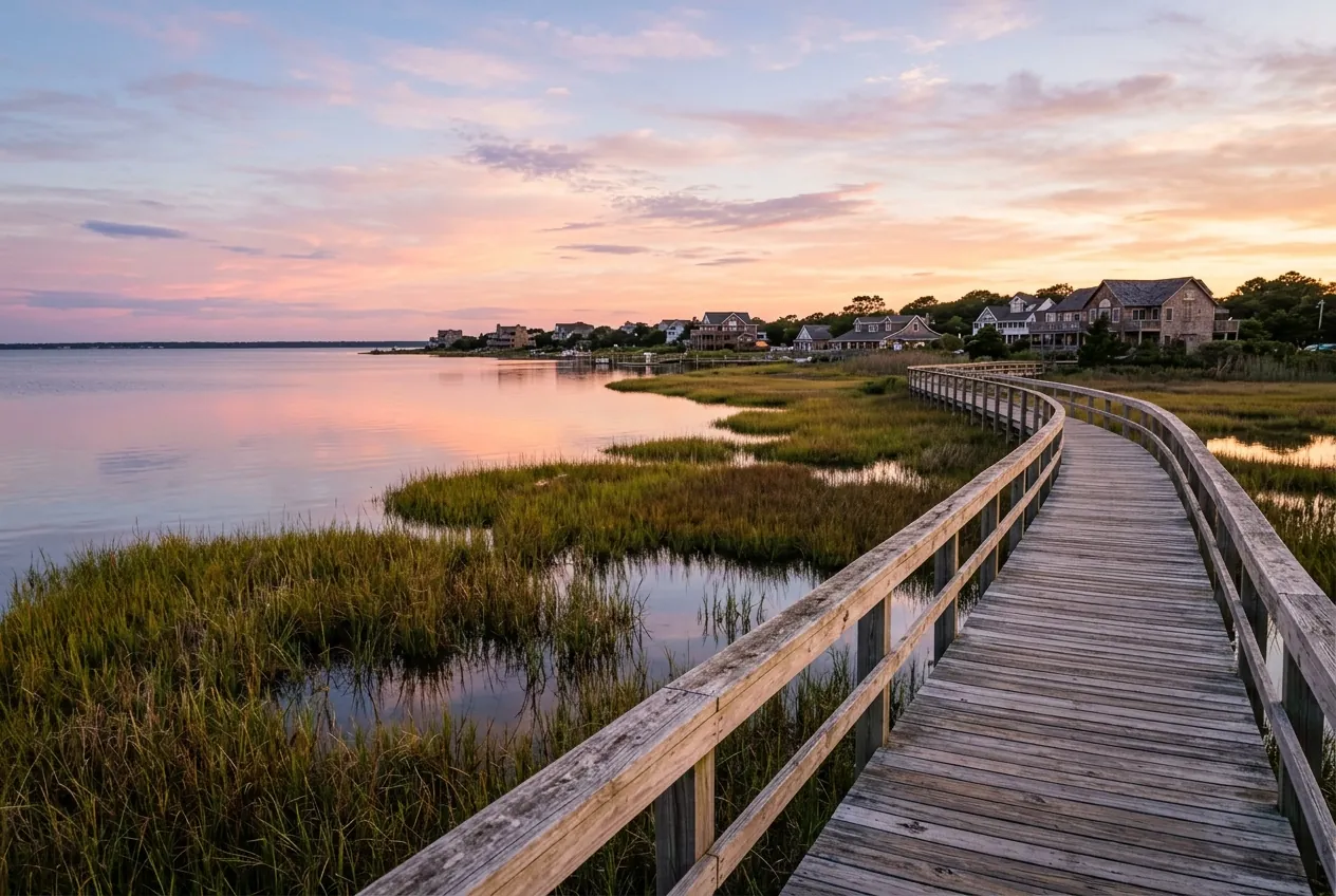 Soundside boardwalk over the marsh at sunset in Duck, Outer Banks NC
