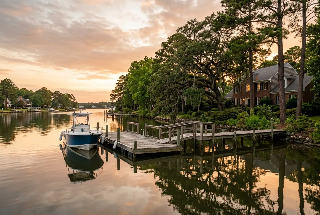 Private dock and boat on the Lynnhaven River in Great Neck, Virginia Beach