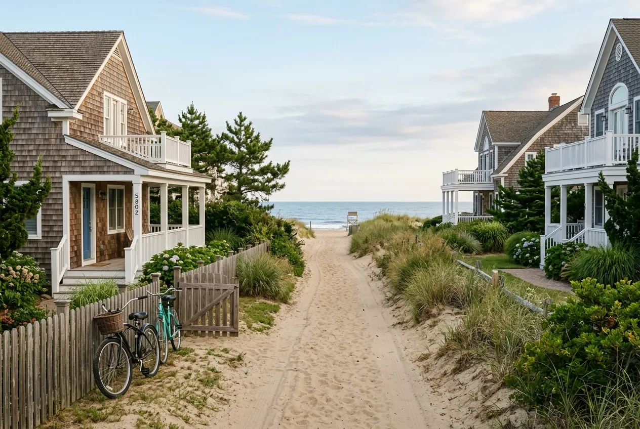 Cedar-shake beach cottages and dunes on a quiet North End street, Virginia Beach