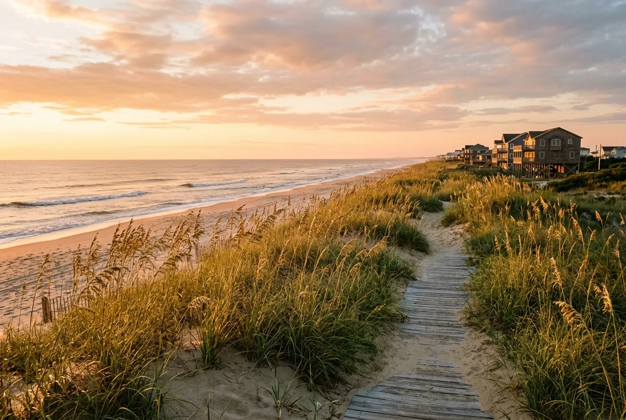 Sand dunes, sea oats and beach houses at Sandbridge Beach, Virginia Beach